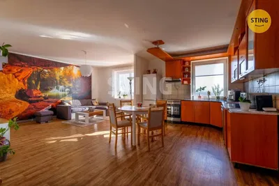 Obývací pokoj; dřevěná podlaha, přirozené světlo, moderní styl, vysoké stropy