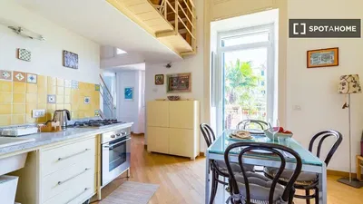 Kitchen; kitchen appliances, wood floor, natural light, modern style