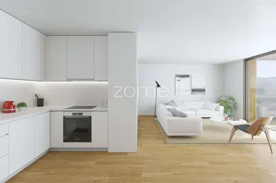 Keuken; keukenapparatuur, houten vloer, natuurlijk licht, moderne stijl