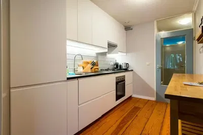 Kitchen; kitchen appliances, wood floor, natural light, modern style