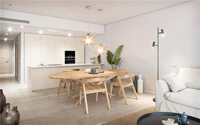 Kitchen; kitchen appliances, wood floor, natural light, modern style
