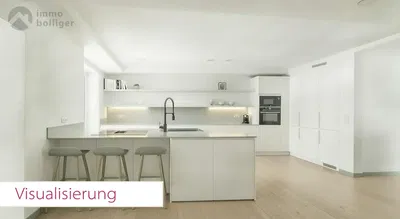 Kuchyně; kuchyňské spotřebiče, dřevěná podlaha, přirozené světlo, moderní styl