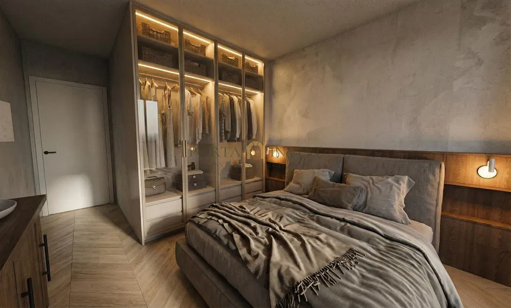 Keuken; keukenapparatuur, houten vloer, natuurlijk licht, moderne stijl