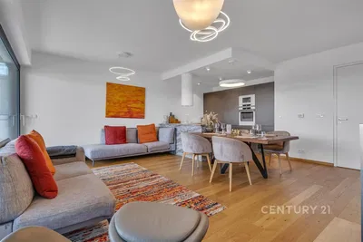 Kitchen; kitchen appliances, tile floor, natural light, modern style