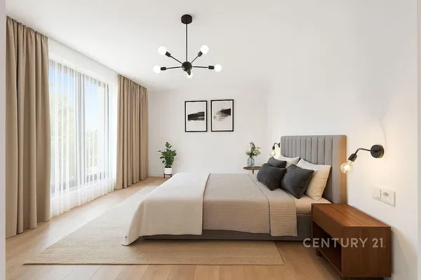 Kitchen; kitchen appliances, wood floor, natural light, modern style