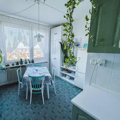 Кухиња; кухињски апарати, дрвени под, природно светло, модерни стил