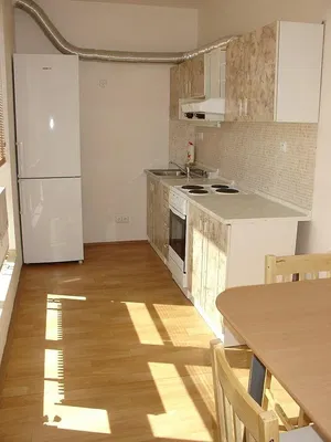 Кухня; кухненски уреди, дървен под, естествена светлина, модерен стил