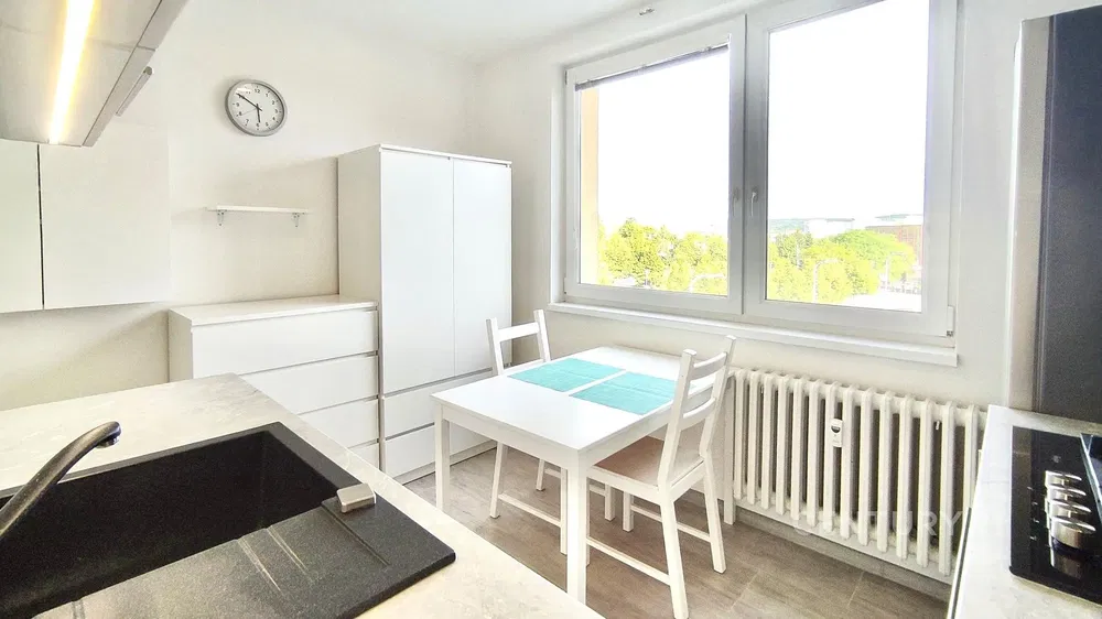 Kitchen; kitchen appliances, wood floor, natural light, modern style