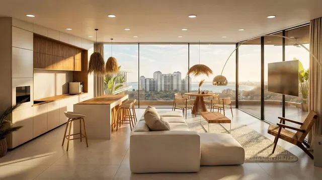 Woonkamer; houten vloer, natuurlijk licht, moderne stijl