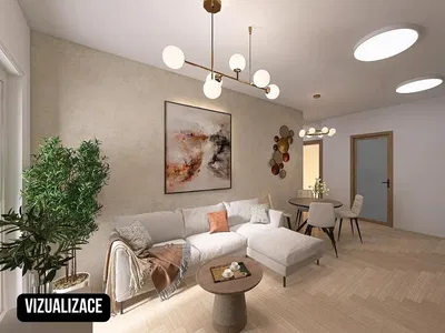 Obývací pokoj; dřevěná podlaha, přirozené světlo, moderní styl