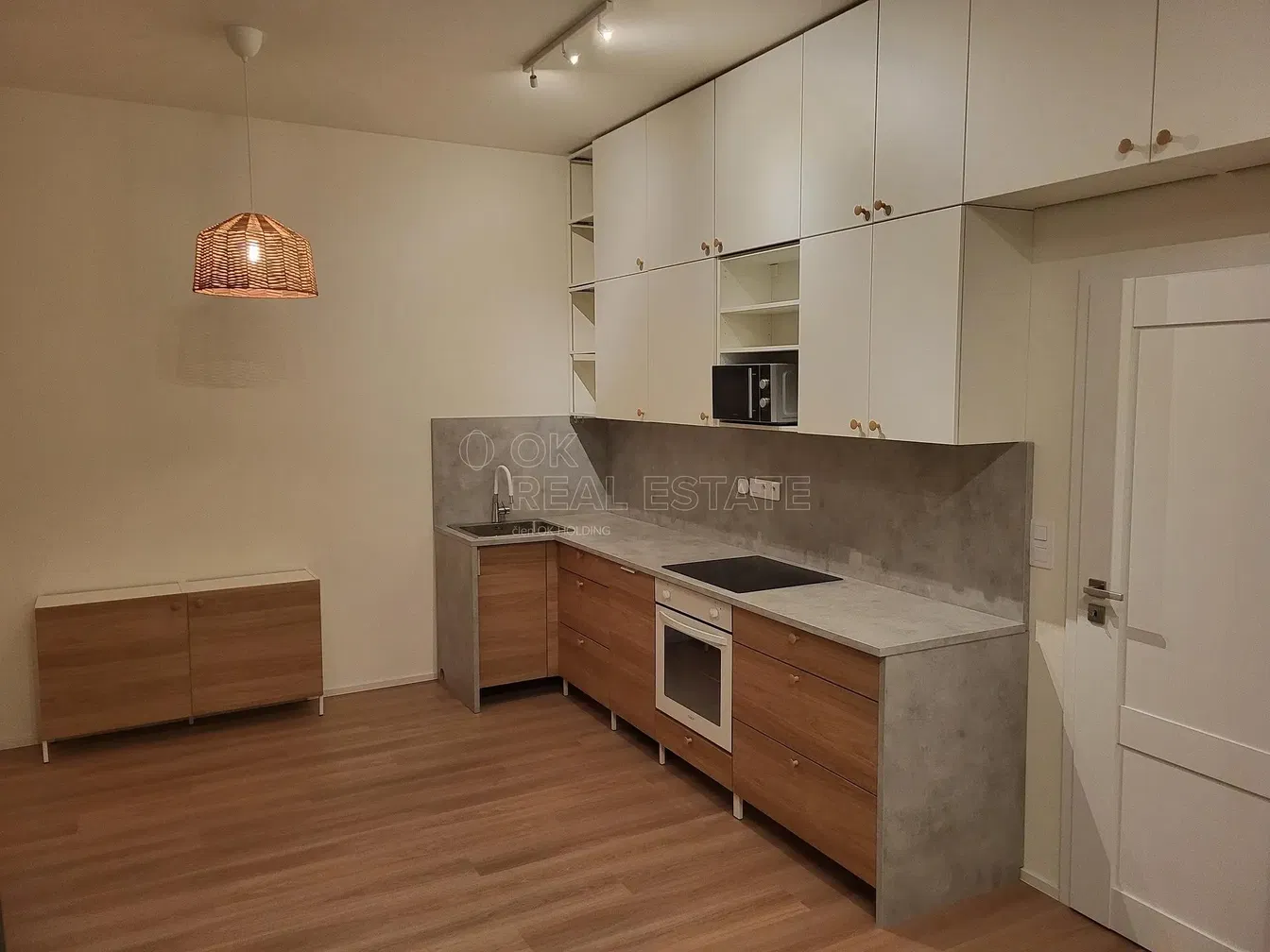 Kitchen; kitchen appliances, wood floor, natural light, modern style