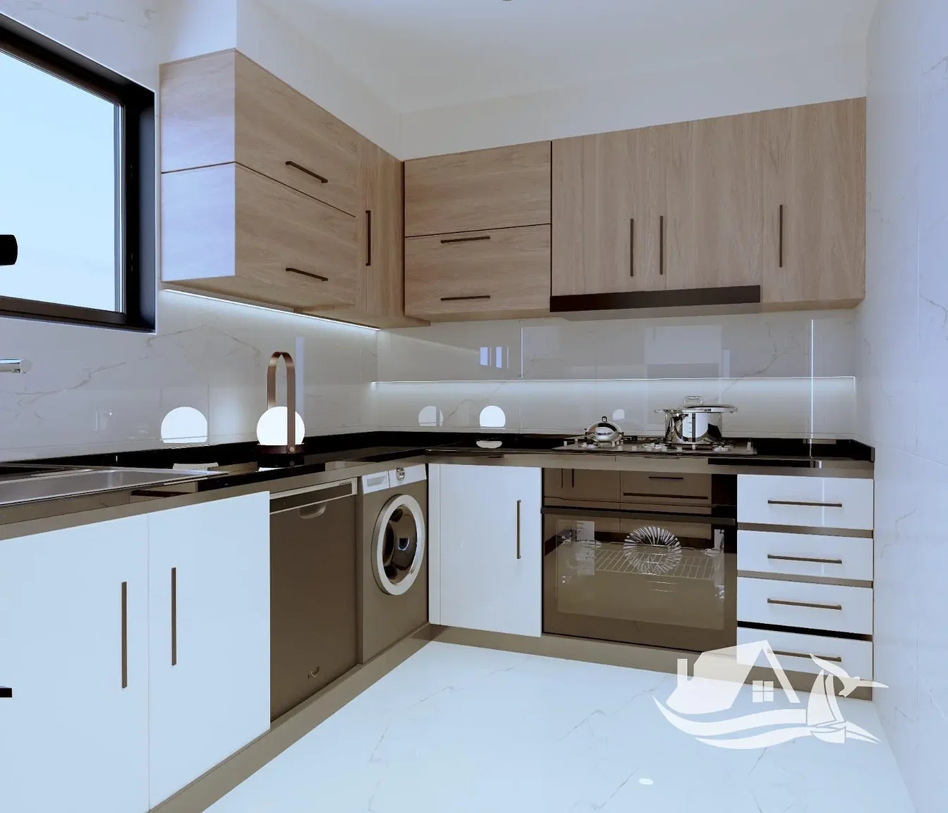 Cuisine; électroménager, parquet, lumière naturelle, style moderne