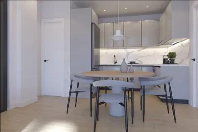 Кухиња; кухињски апарати, дрвени под, природно светло, модерни стил