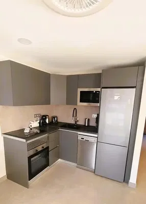 Keuken; keukenapparatuur, houten vloer, natuurlijk licht, moderne stijl