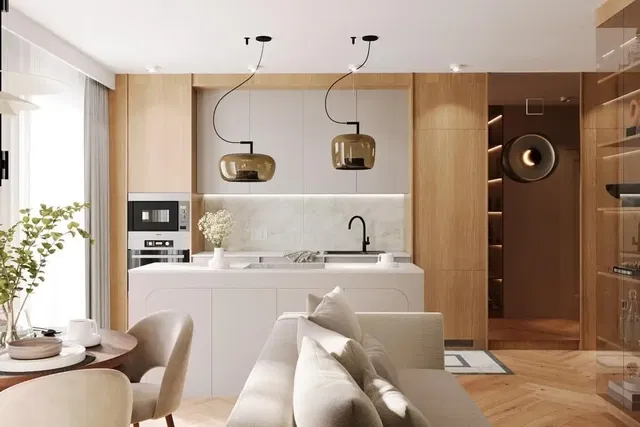 Kuchnia; sprzęt kuchenny, podłoga drewniana, światło dzienne, styl nowoczesny