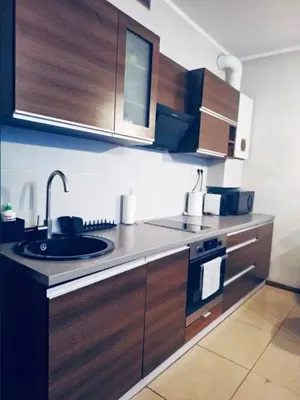 Kuchnia; sprzęt kuchenny, podłoga drewniana, światło dzienne, styl nowoczesny