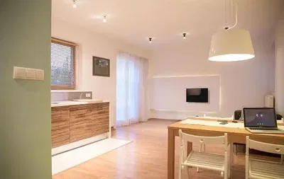 Kuchnia; sprzęt kuchenny, podłoga drewniana, światło dzienne, styl nowoczesny