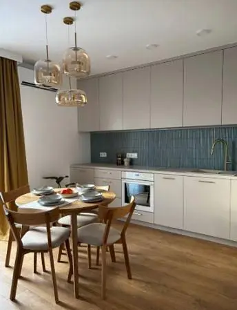 Kuchnia; sprzęt kuchenny, podłoga drewniana, światło dzienne, styl nowoczesny