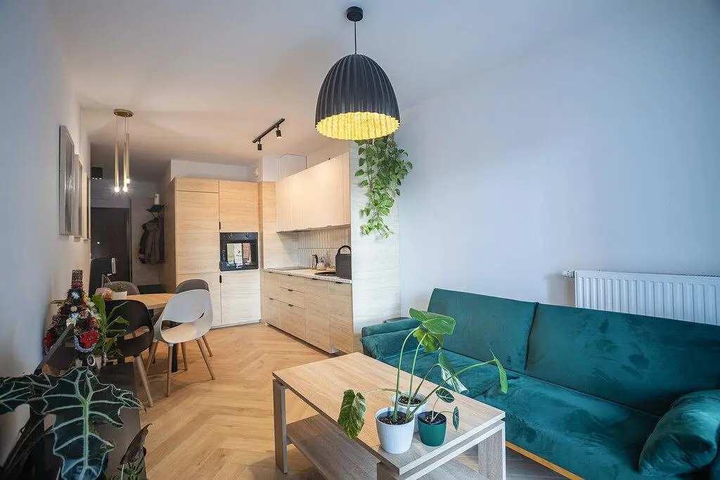 Kuchnia; sprzęt kuchenny, podłoga drewniana, światło dzienne, styl nowoczesny