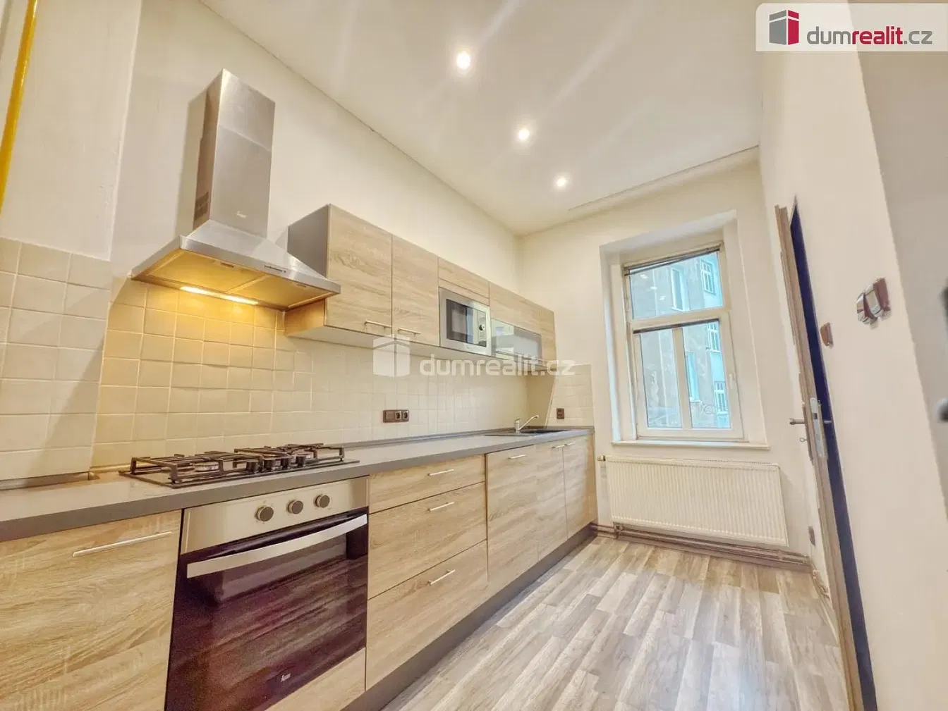 Kitchen; kitchen appliances, wood floor, natural light, modern style