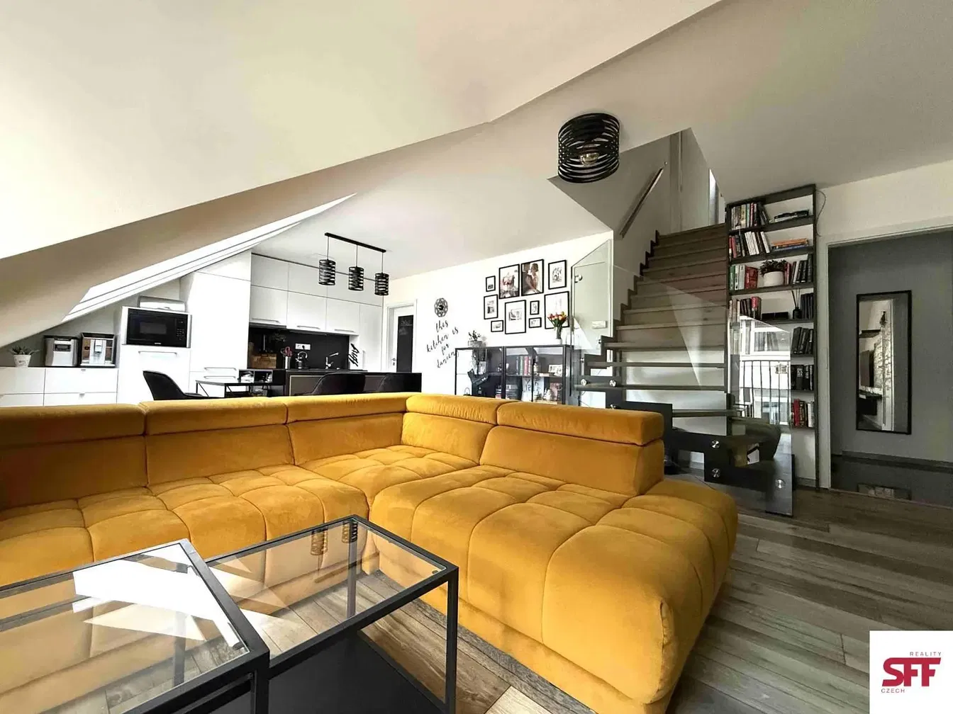 Kitchen; kitchen appliances, wood floor, natural light, modern style
