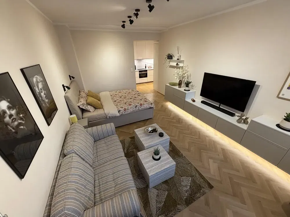 Living room; wood floor, natural light, modern style