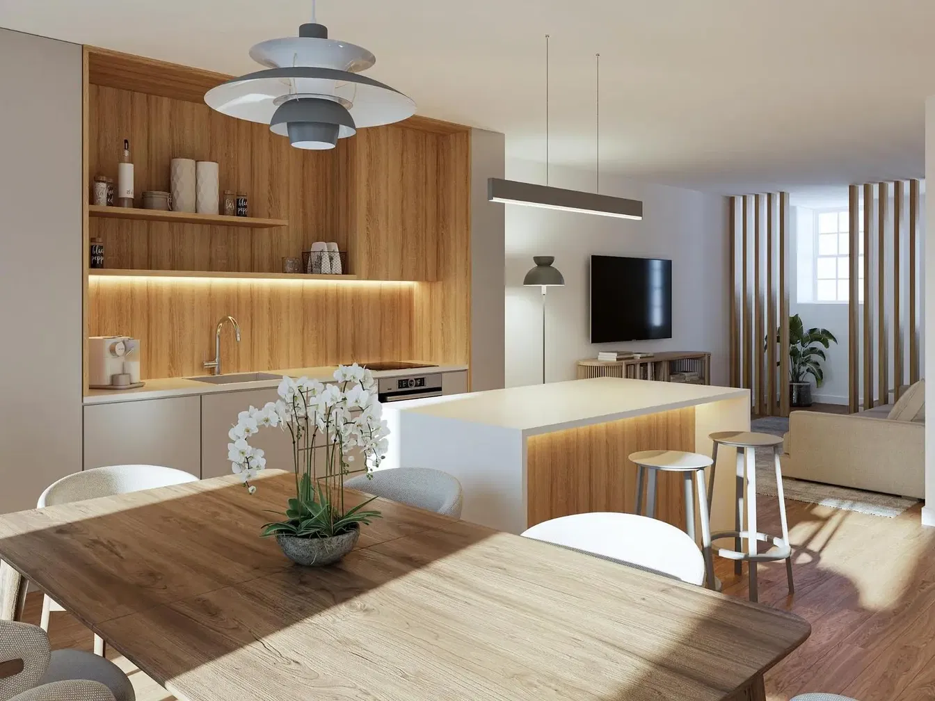 Küche; küchengeräte, holzboden, tageslicht, moderner stil