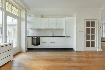 Kitchen; kitchen appliances, wood floor, natural light, modern style