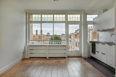 Kitchen; kitchen appliances, wood floor, natural light, modern style