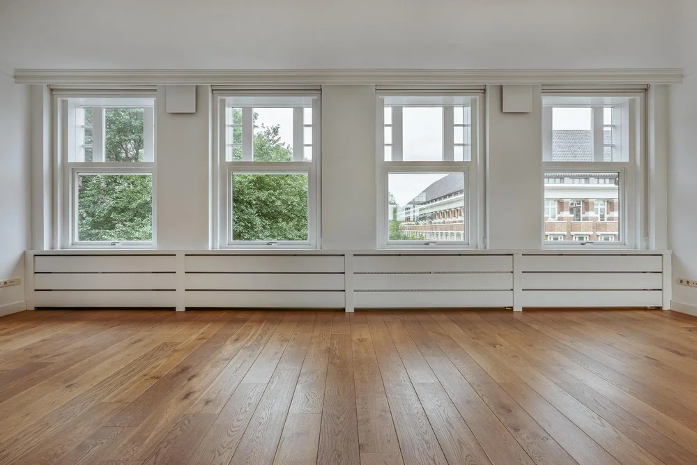 Kitchen; kitchen appliances, wood floor, natural light, modern style
