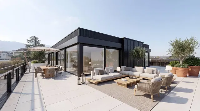 Kuchyně; kuchyňské spotřebiče, dřevěná podlaha, přirozené světlo, moderní styl