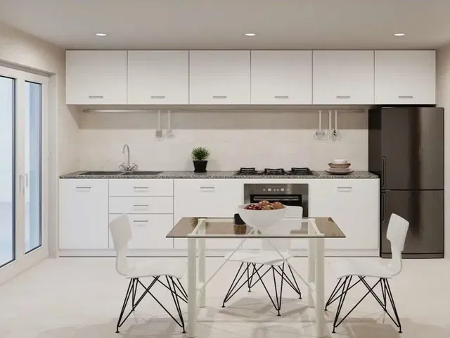 Cozinha; eletrodomésticos, chão de madeira, luz natural, estilo moderno