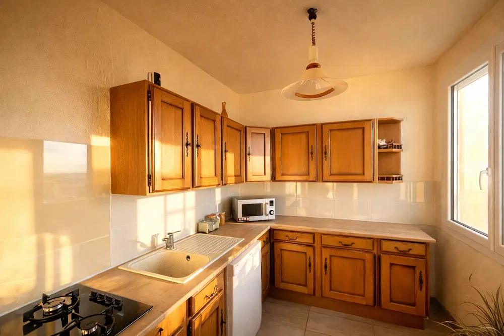 Kitchen; kitchen appliances, wood floor, natural light, modern style