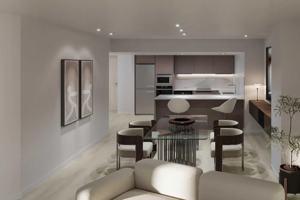 Kuhinja; kuhinjski aparati, drveni pod, prirodno svjetlo, moderni stil