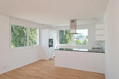 Cucina; elettrodomestici, pavimento in legno, luce naturale, stile moderno