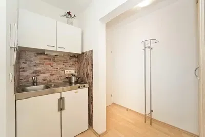 Kuchyně; kuchyňské spotřebiče, dřevěná podlaha, přirozené světlo, moderní styl