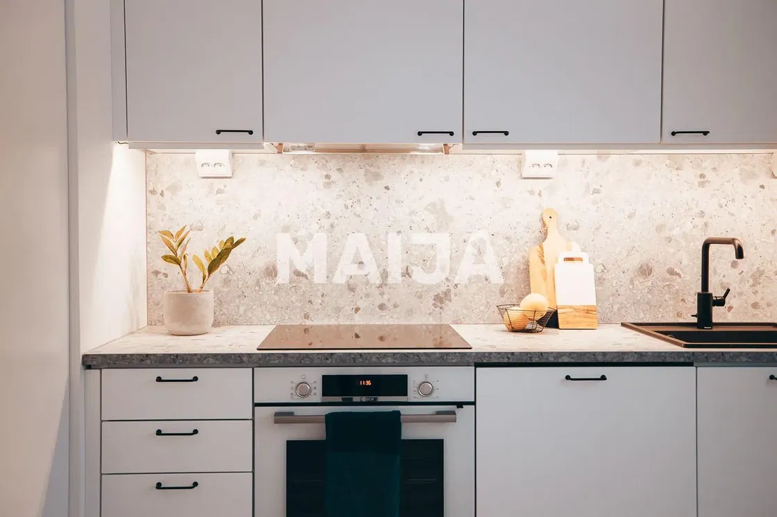 Kuchyně; kuchyňské spotřebiče, dřevěná podlaha, přirozené světlo, moderní styl