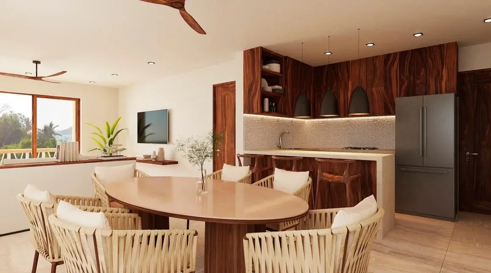 Cuisine; électroménager, parquet, lumière naturelle, style moderne