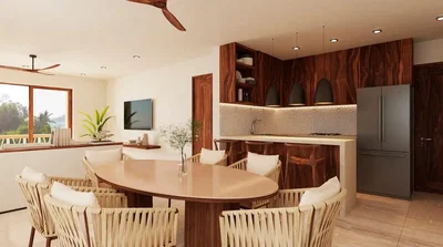 Cuisine; électroménager, parquet, lumière naturelle, style moderne