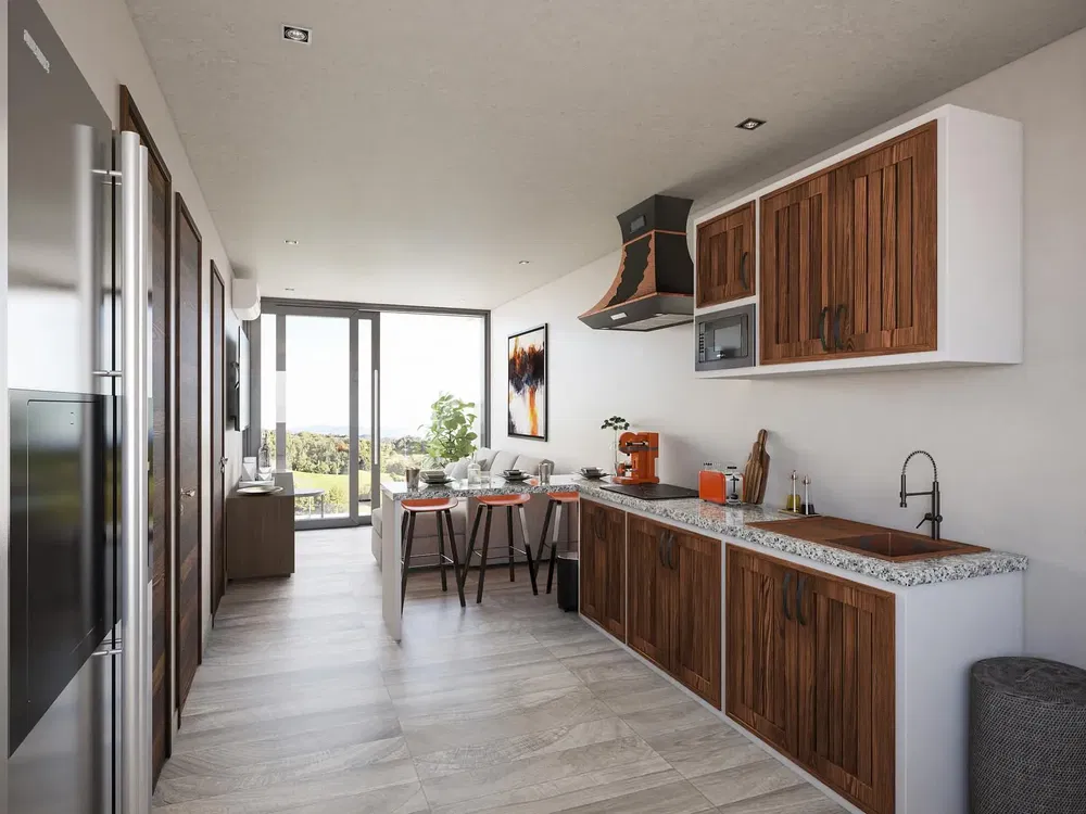 Cuisine; électroménager, parquet, lumière naturelle, style moderne