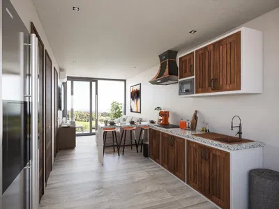 Cuisine; électroménager, parquet, lumière naturelle, style moderne