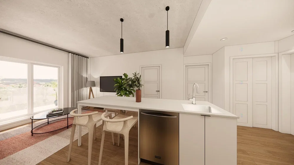 Cucina; elettrodomestici, pavimento in legno, luce naturale, stile moderno