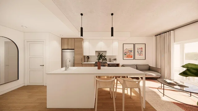 Kitchen; kitchen appliances, wood floor, natural light, modern style