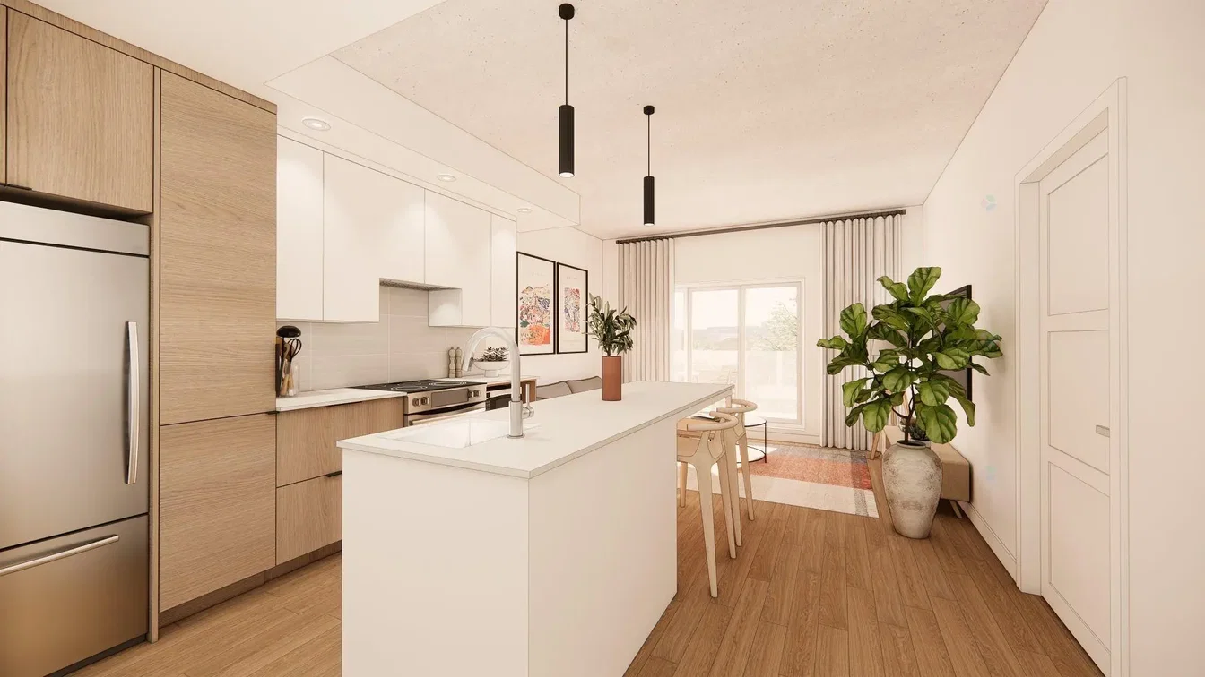 Cucina; elettrodomestici, pavimento in legno, luce naturale, stile moderno