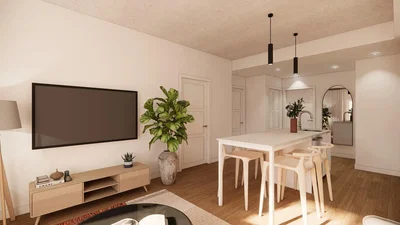 Cucina; elettrodomestici, pavimento in legno, luce naturale, stile moderno