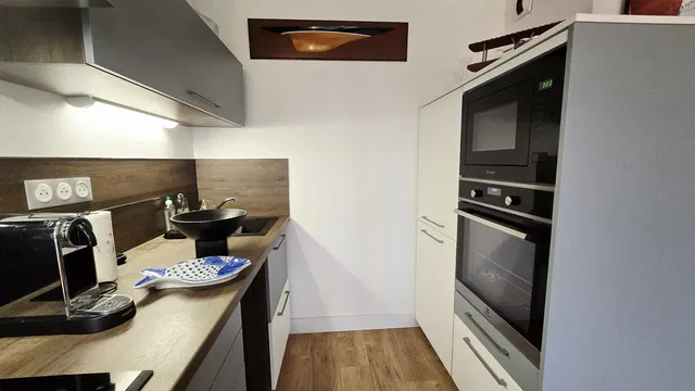 Cuisine; électroménager, parquet, lumière naturelle, style moderne