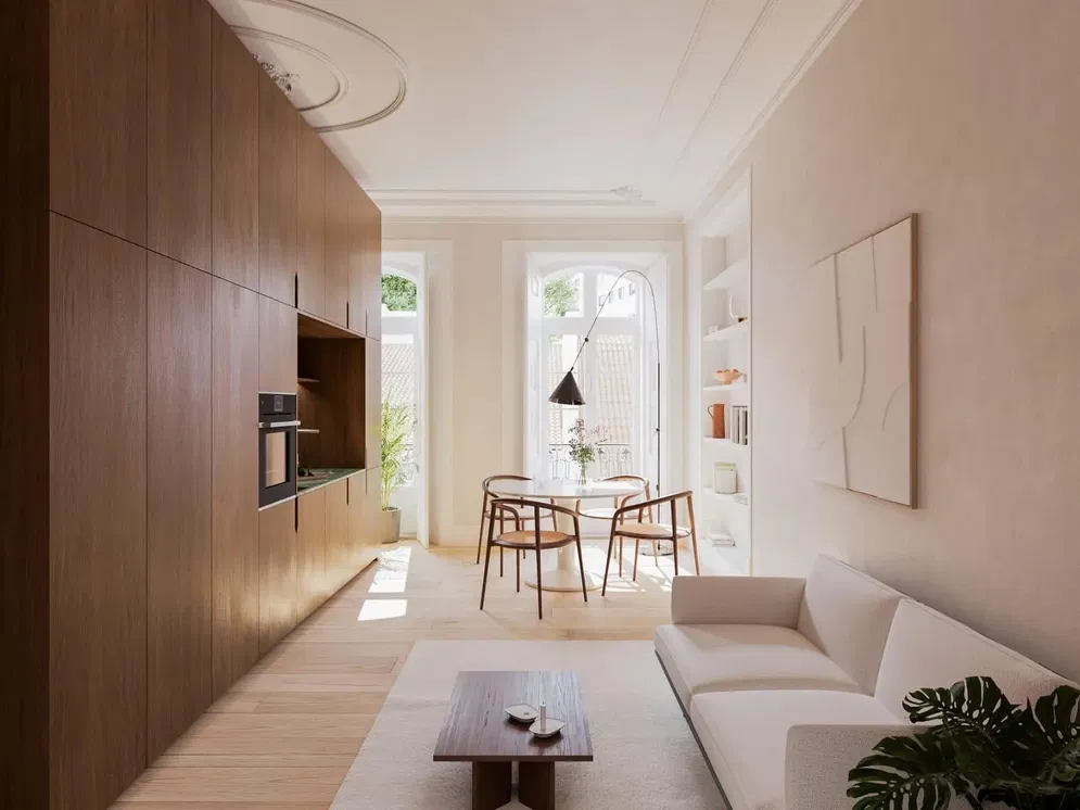 Cuisine; électroménager, parquet, lumière naturelle, style moderne