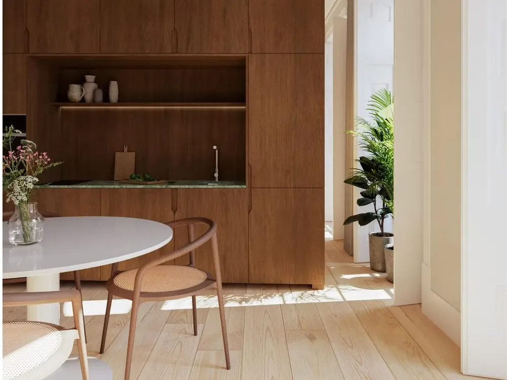 Cuisine; électroménager, parquet, lumière naturelle, style moderne