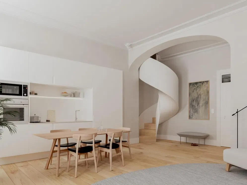 Cuisine; électroménager, parquet, lumière naturelle, style moderne