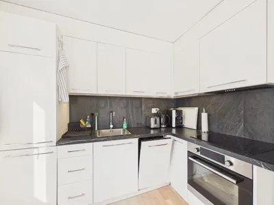 Kuhinja; kućanski aparati, drveni pod, prirodna svjetlost, moderan stil